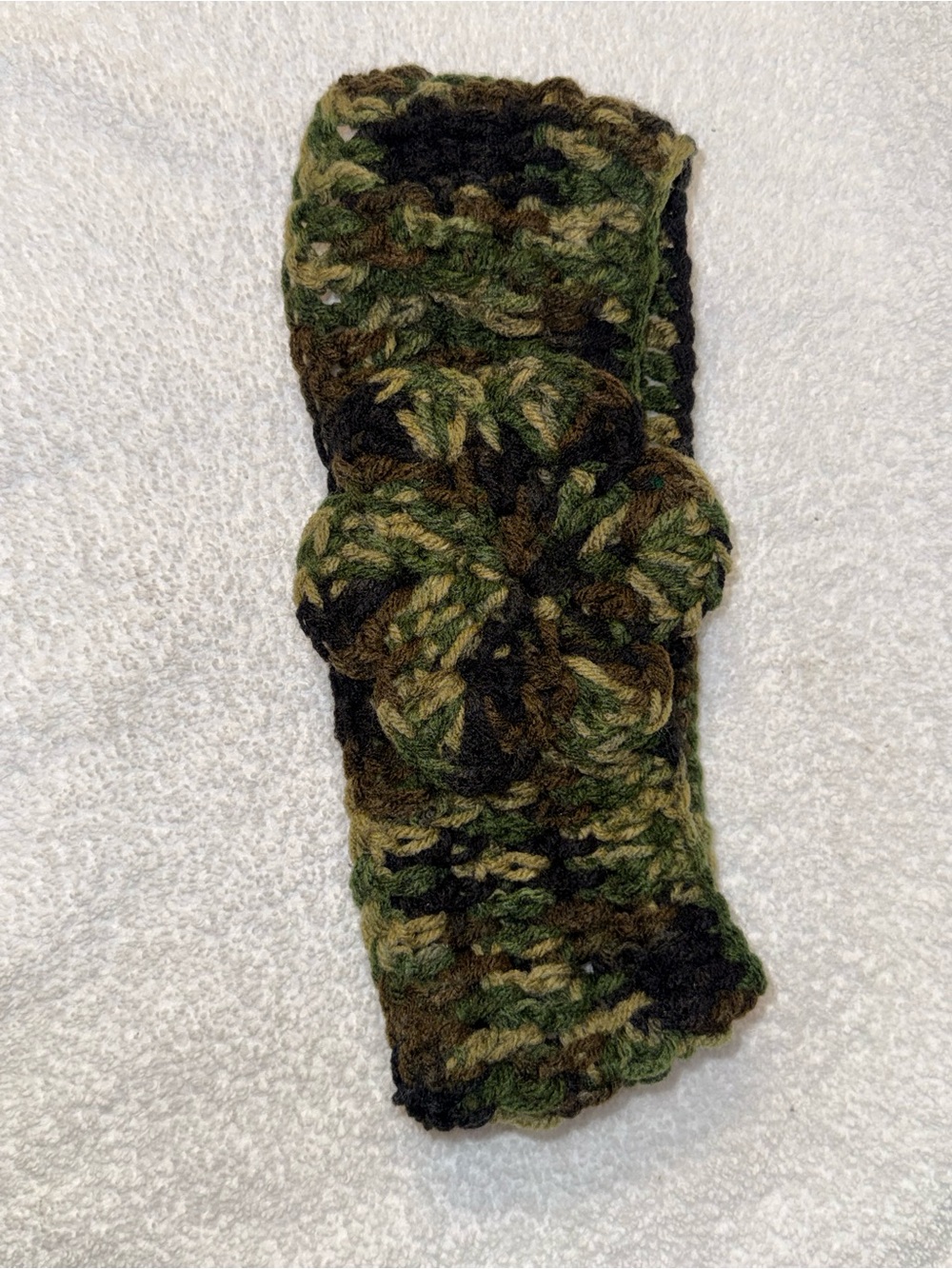 Handcrafted Green Camo Crochet Headband with Flower Accent